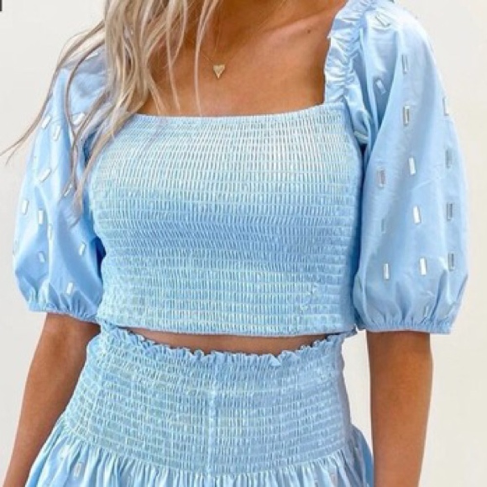 Queen of Sparkles Smocked Puff Sleeve Crop Top Size S 100% Cotton Blue Crystals